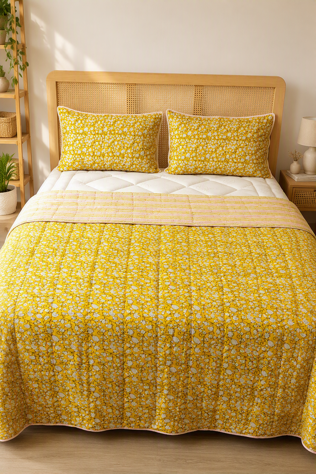 A neatly made bed with a yellow floral quilt, two matching pillow shams, a white quilted mattress topper, and a beige striped throw blanket, set in a warm, sunlit bedroom with a wooden headboard.
