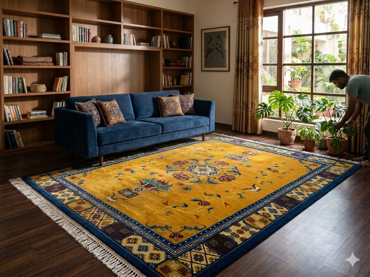 Himalayan Floral Medallion Carpet - Golden and Midnight Blue