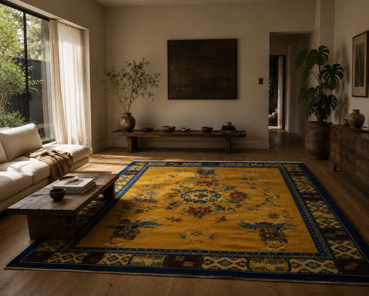 Living room with a large yellow rug featuring intricate patterns, a white sofa, wooden coffee table, and decorative items.