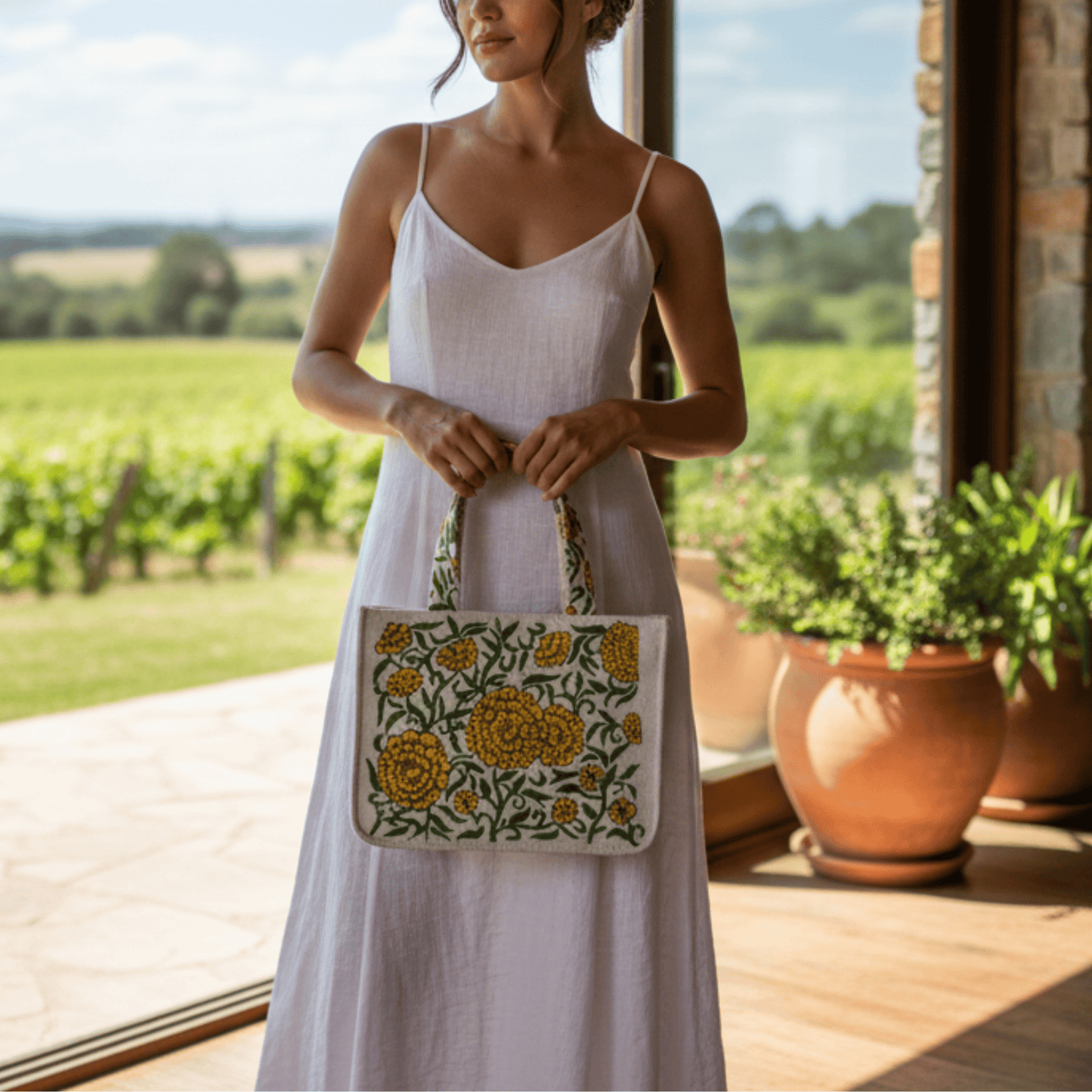 Mithila Art Handpainted and Embroidered Floral Canvas Tote Bag
