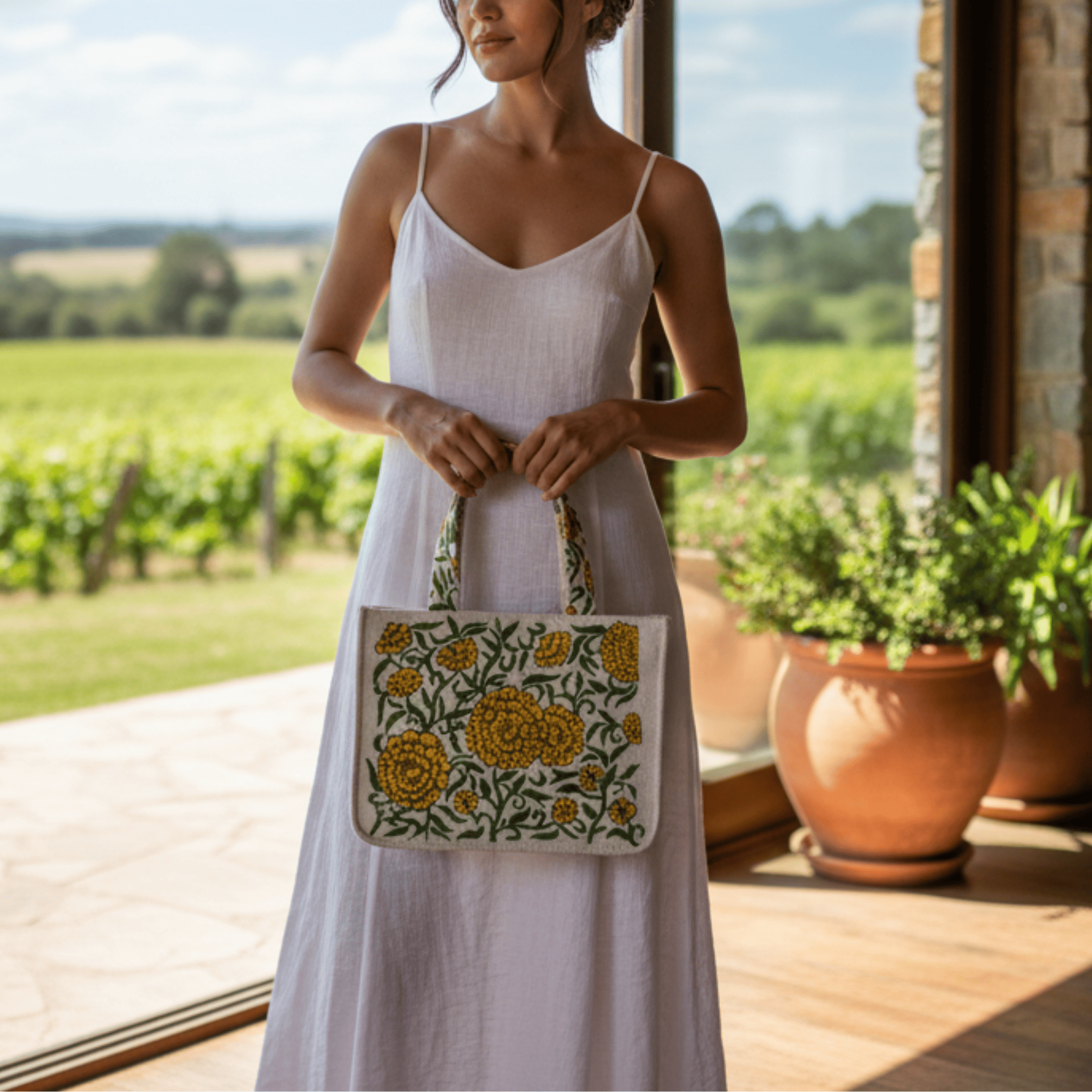 Mithila Art Handpainted and Embroidered Floral Canvas Tote Bag