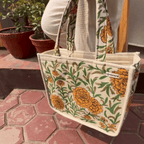 Mithila Art Handpainted and Embroidered Floral Canvas Tote Bag