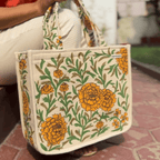 Mithila Art Handpainted and Embroidered Floral Canvas Tote Bag