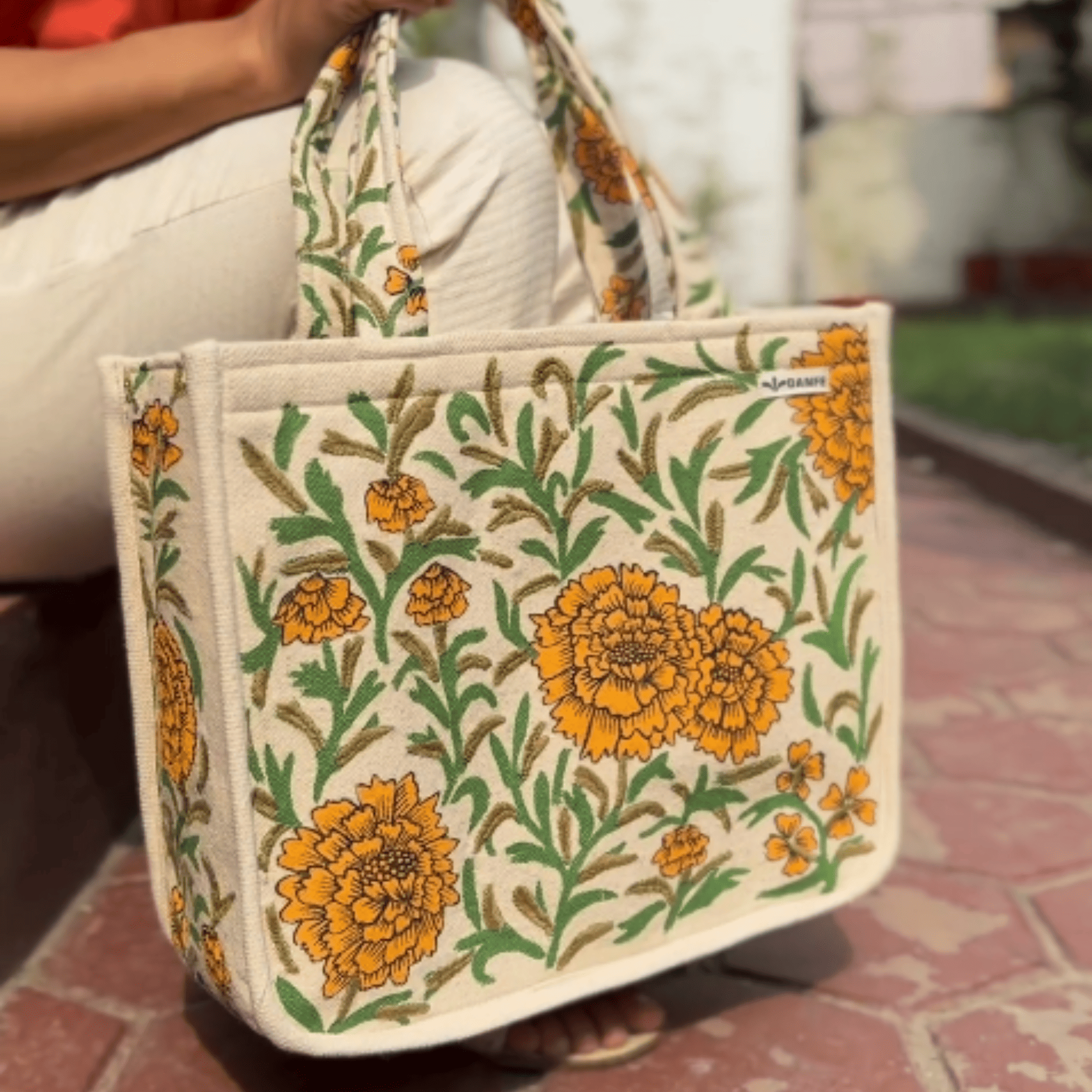 Mithila Art Handpainted and Embroidered Floral Canvas Tote Bag