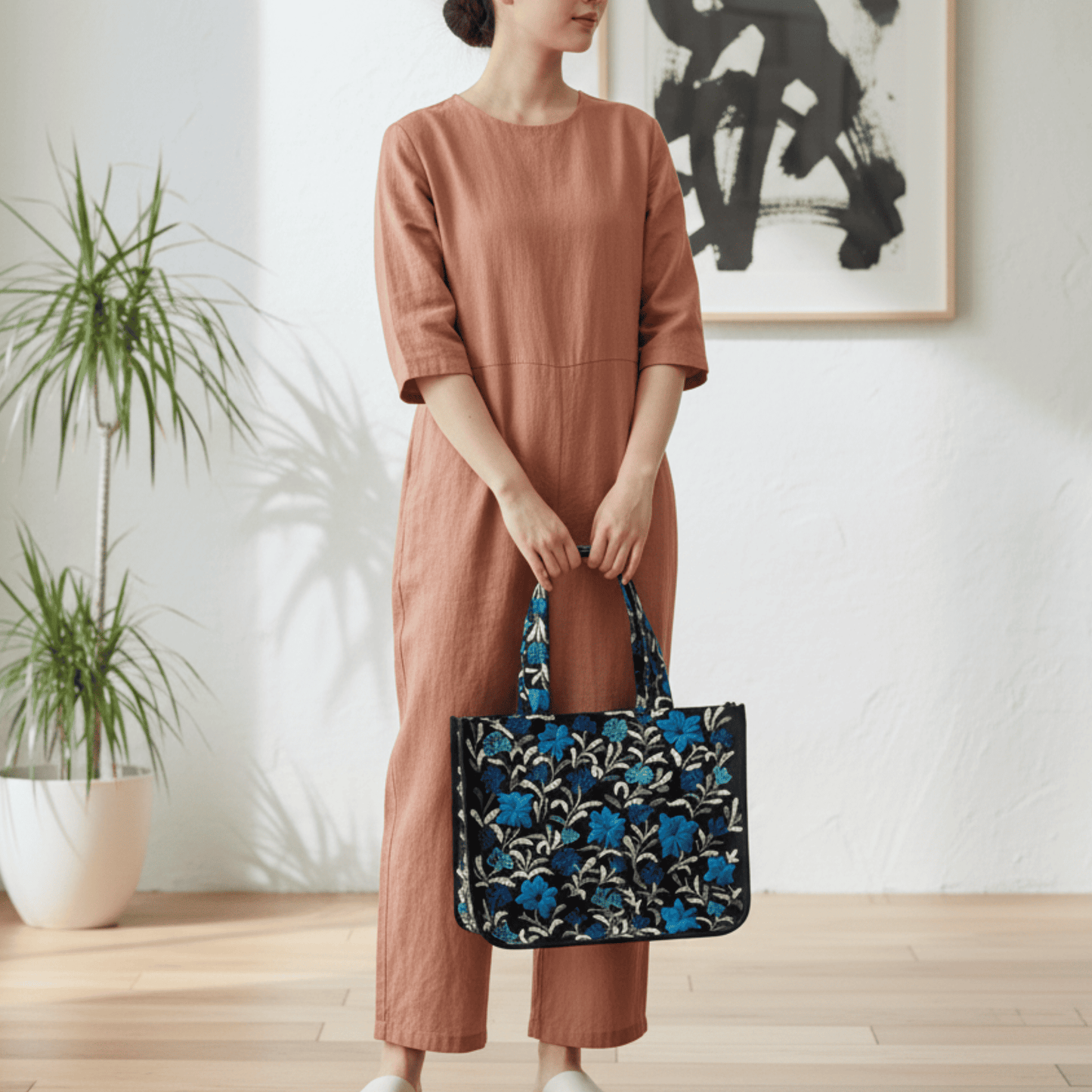 Mithila Art Handpainted and Embroidered Floral Canvas Tote Bag