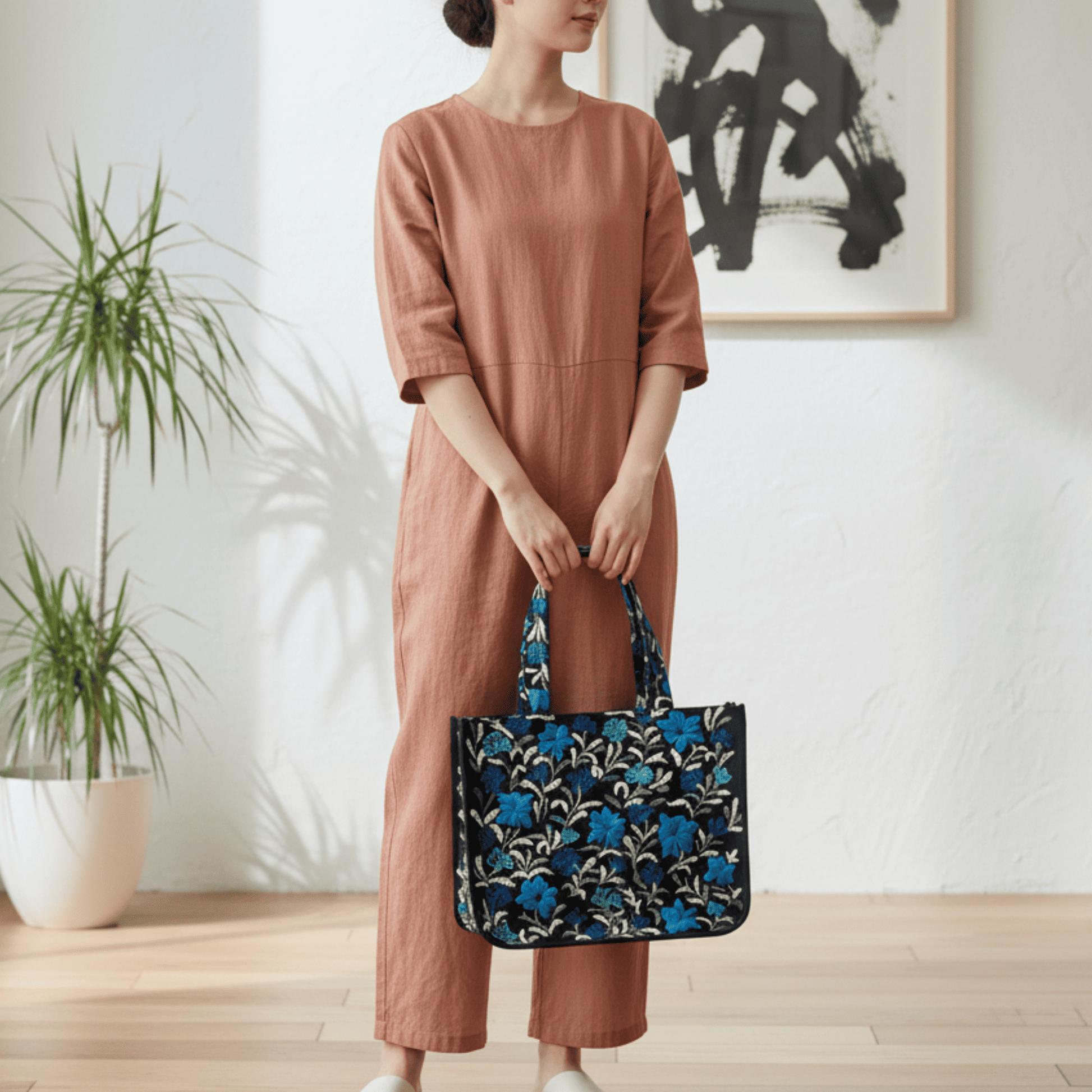 Mithila Art Handpainted and Embroidered Floral Canvas Tote Bag