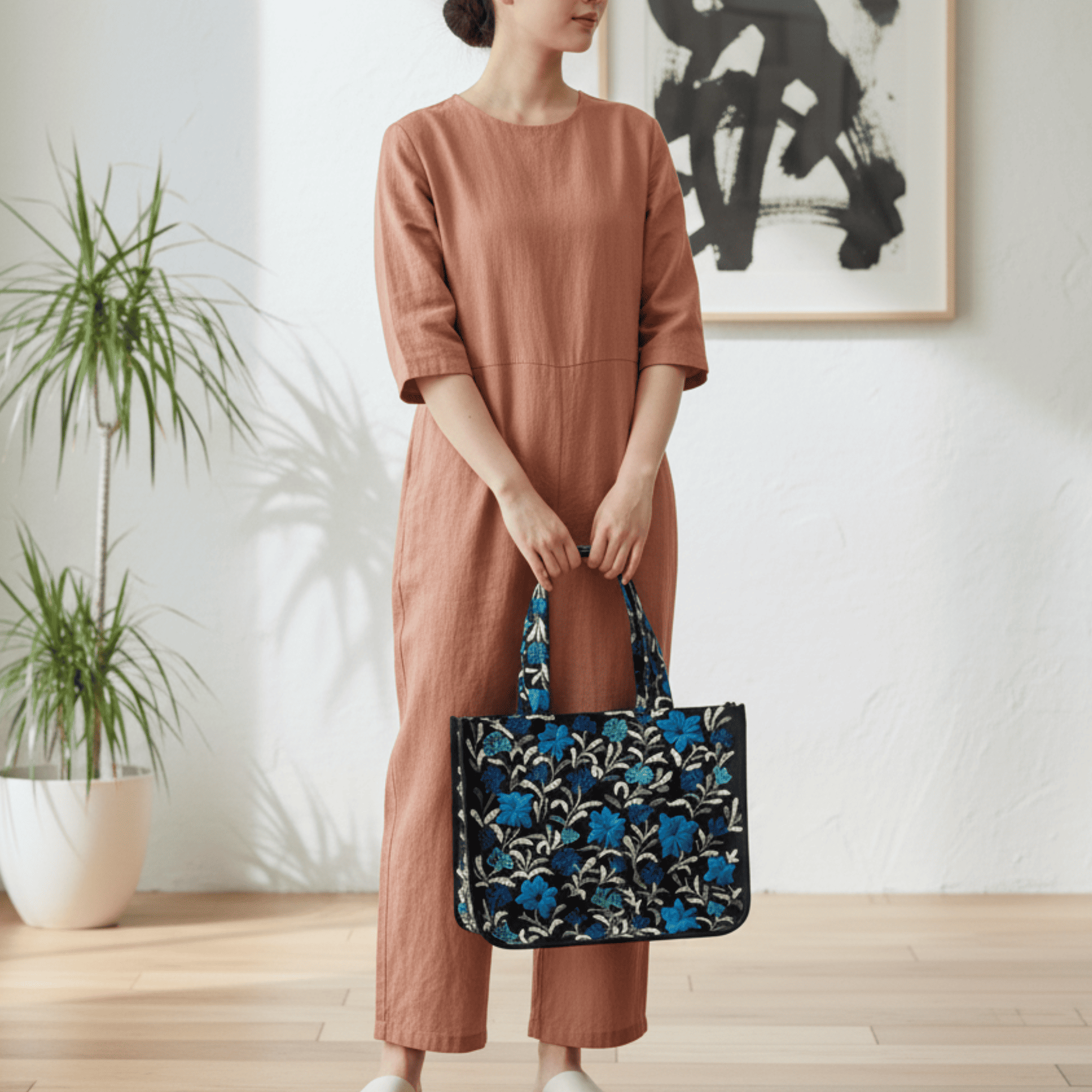 Mithila Art Handpainted and Embroidered Floral Canvas Tote Bag