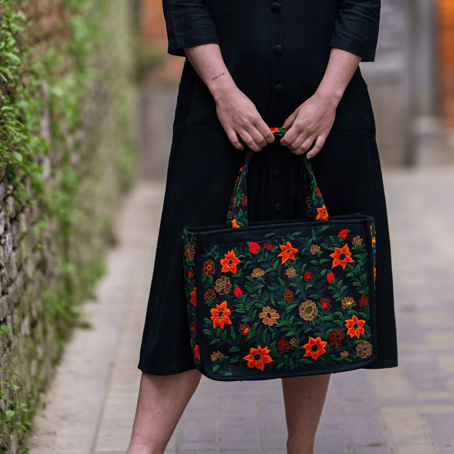 Mithila Art Handpainted and Embroidered Floral Canvas Tote Bag