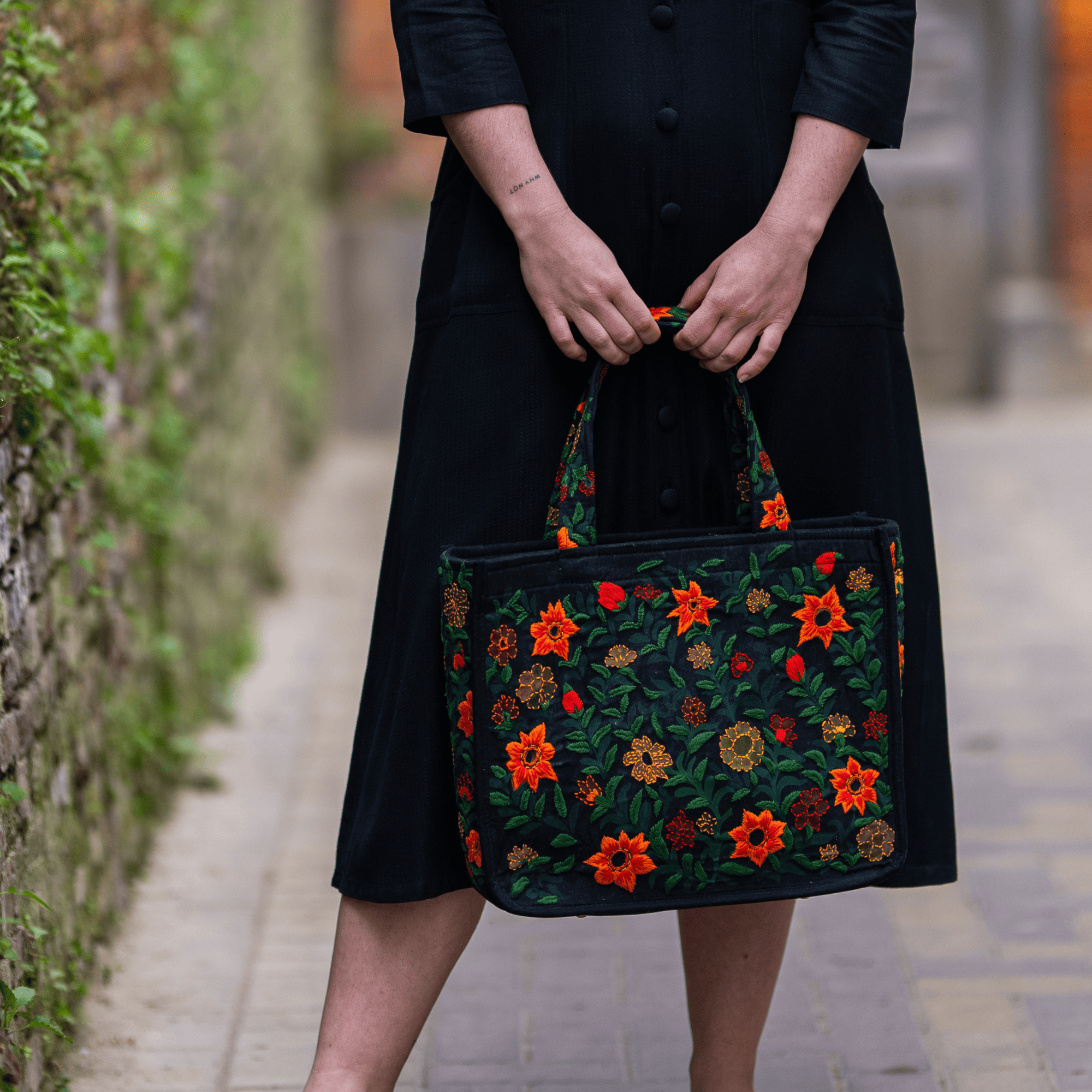 Mithila Art Handpainted and Embroidered Floral Canvas Tote Bag