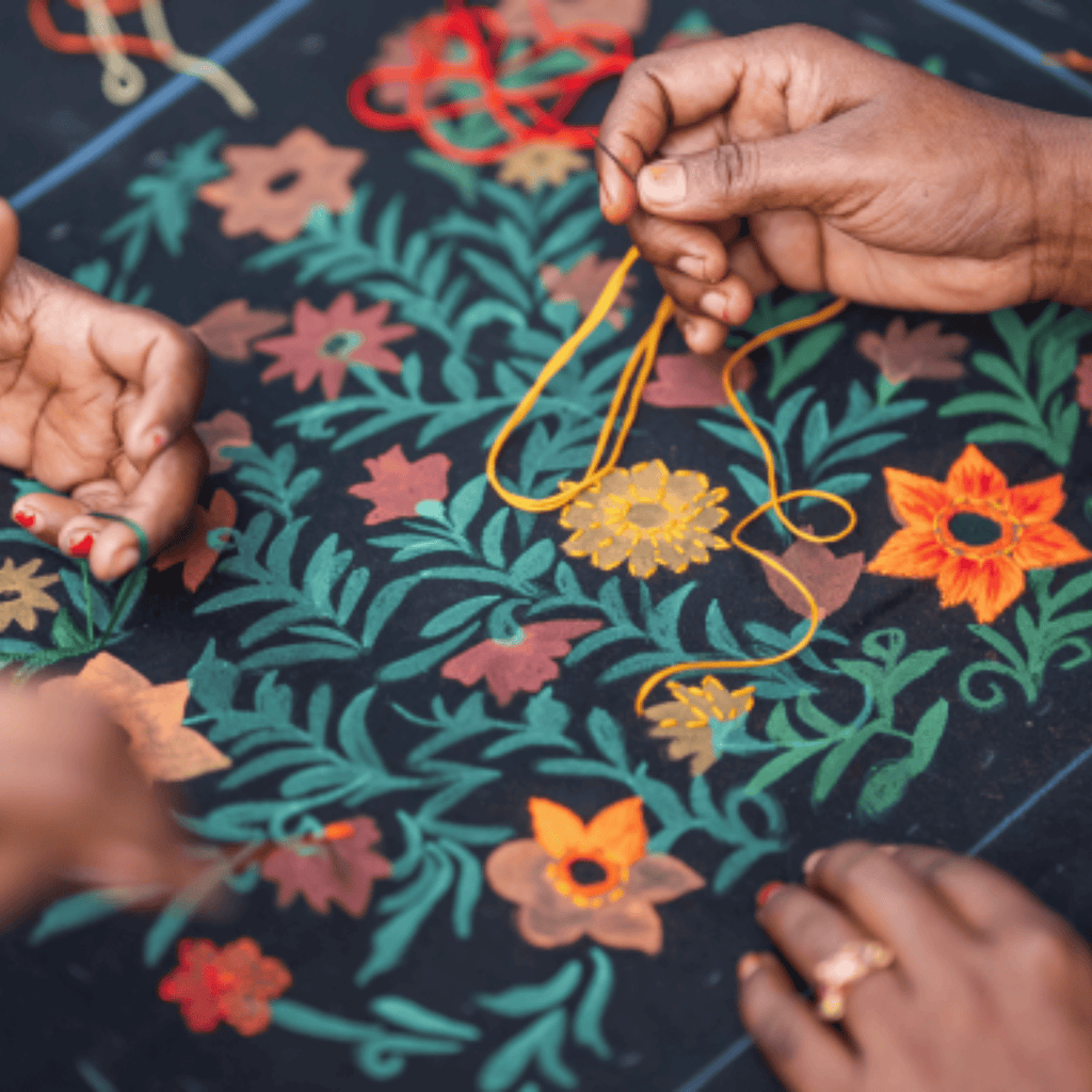 Mithila Art Handpainted and Embroidered Floral Canvas Tote Bag