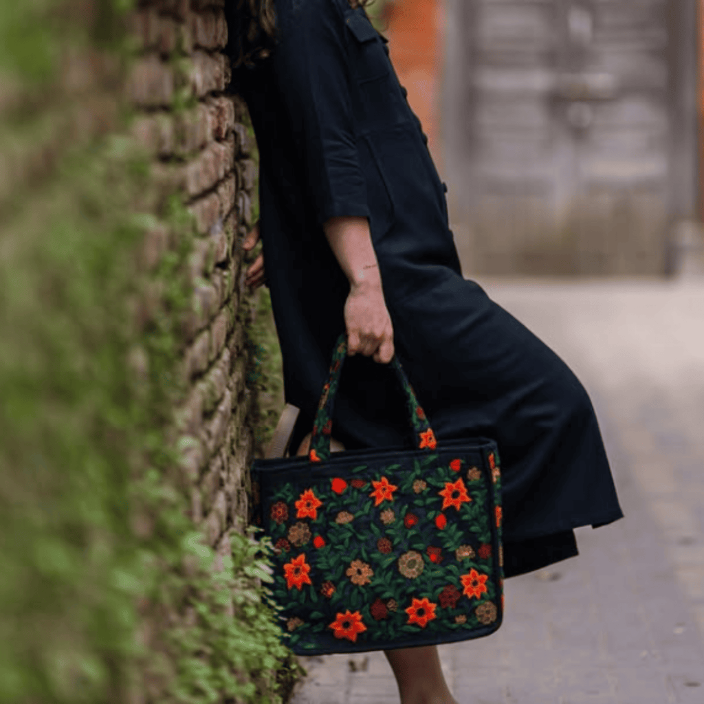 Mithila Art Handpainted and Embroidered Floral Canvas Tote Bag