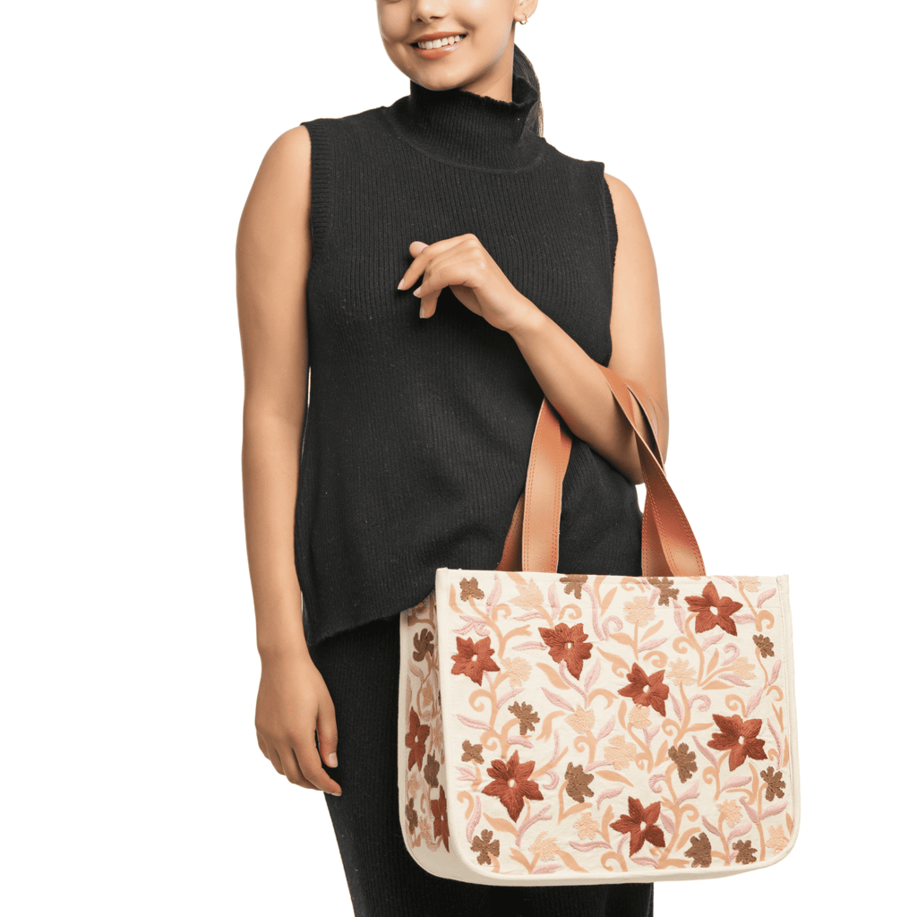 Mithila Art Handpainted and Embroidered Floral Canvas Tote Bag