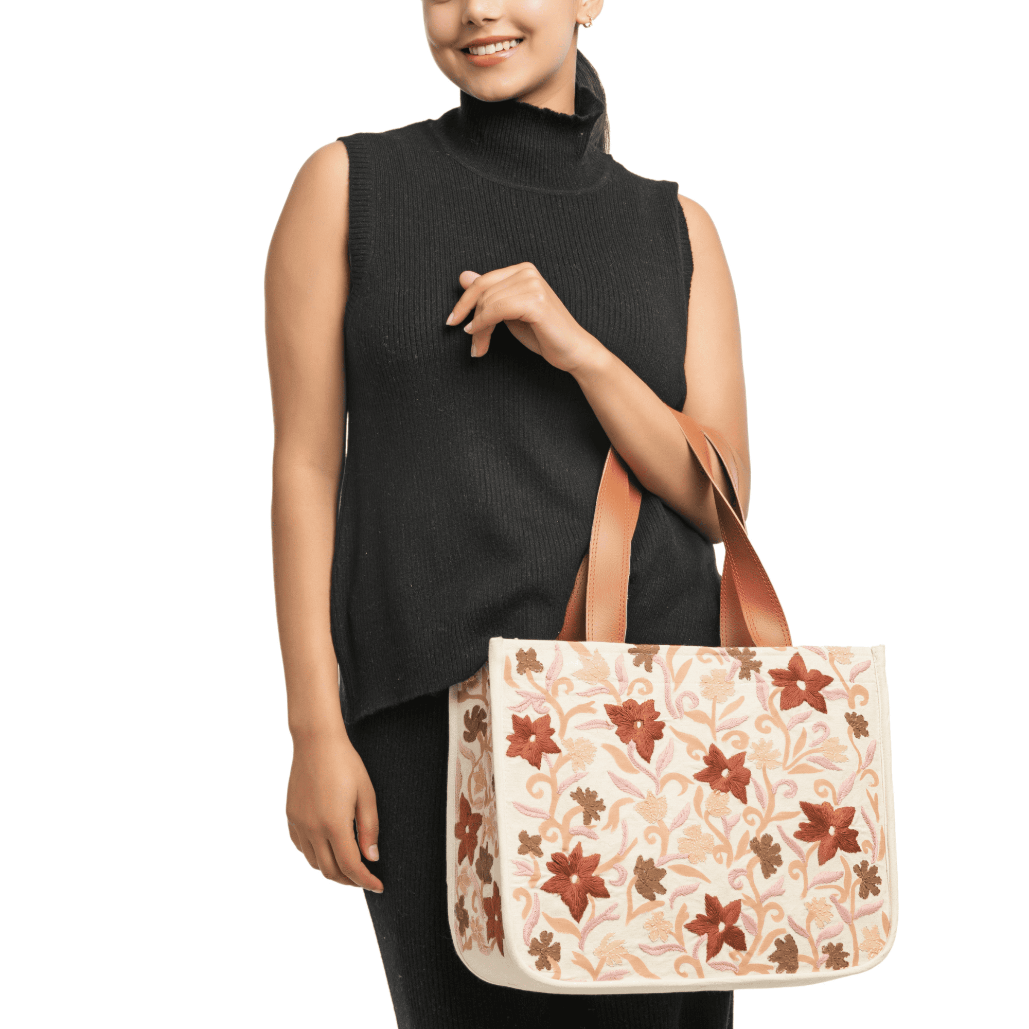 Mithila Art Handpainted and Embroidered Floral Canvas Tote Bag