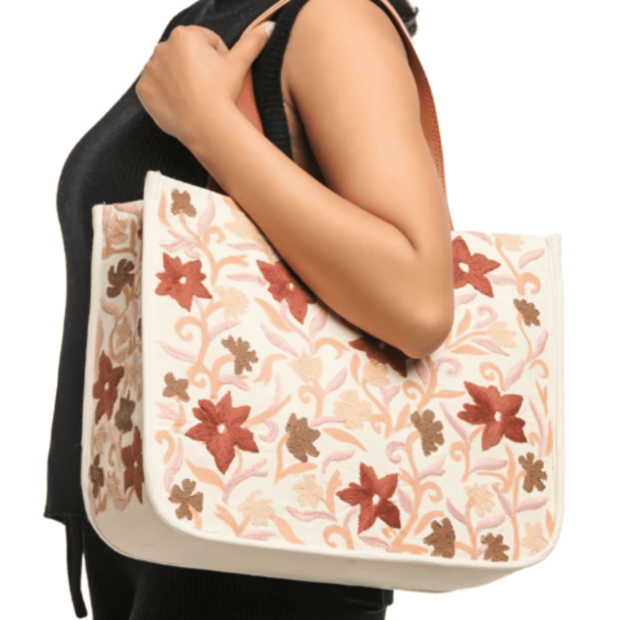 Mithila Art Handpainted and Embroidered Floral Canvas Tote Bag