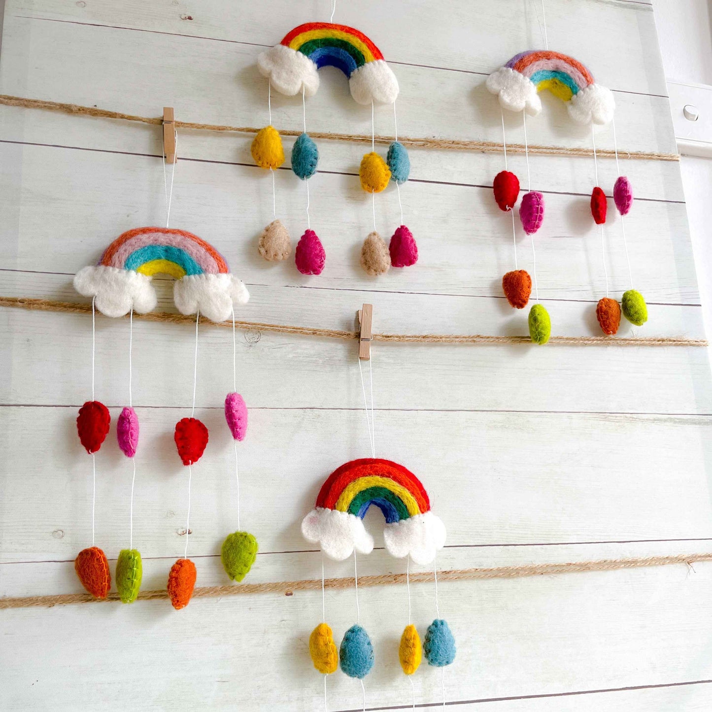 Handmade Felt Rainbow Mobile with Raindrops