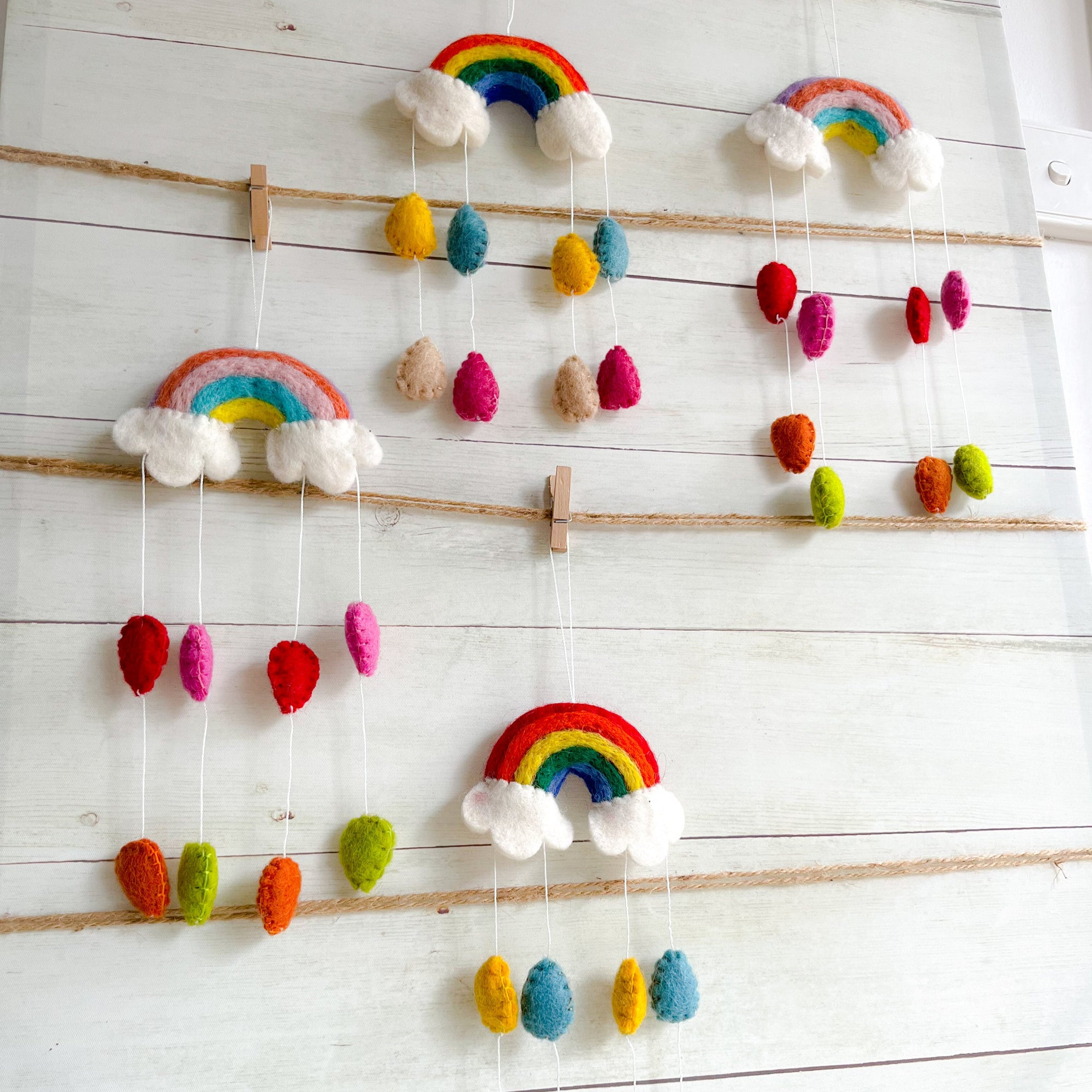 Handmade Felt Rainbow Mobile with Raindrops