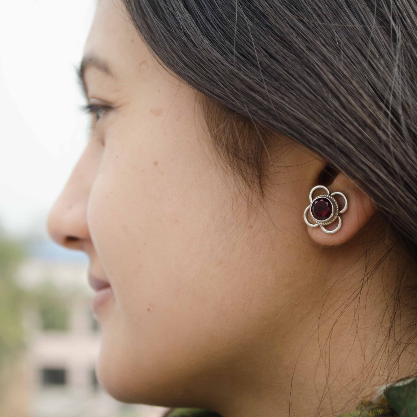 Pushpa Red Garnet Sterling Silver Ear Studs  - Elegant Natural Gemstone Jewellery by abhaco handmade in nepal house of himalayas