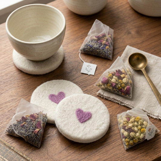 A styled flat-lay of white ceramic tea coasters on a wooden table, alongside four clear tea bags containing dried flowers and herbs, a small gold spoon, and a white cloth napkin.