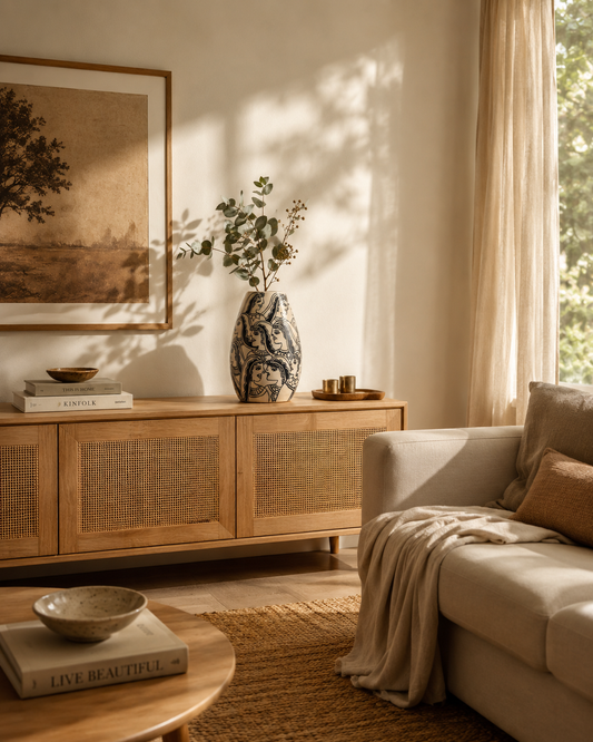 A warm, sunlit living room corner featuring a light wood credenza with woven cane doors, a tall blue-and-white patterned vase with greenery, a framed landscape print, and part of a beige sofa with a draped throw blanket.