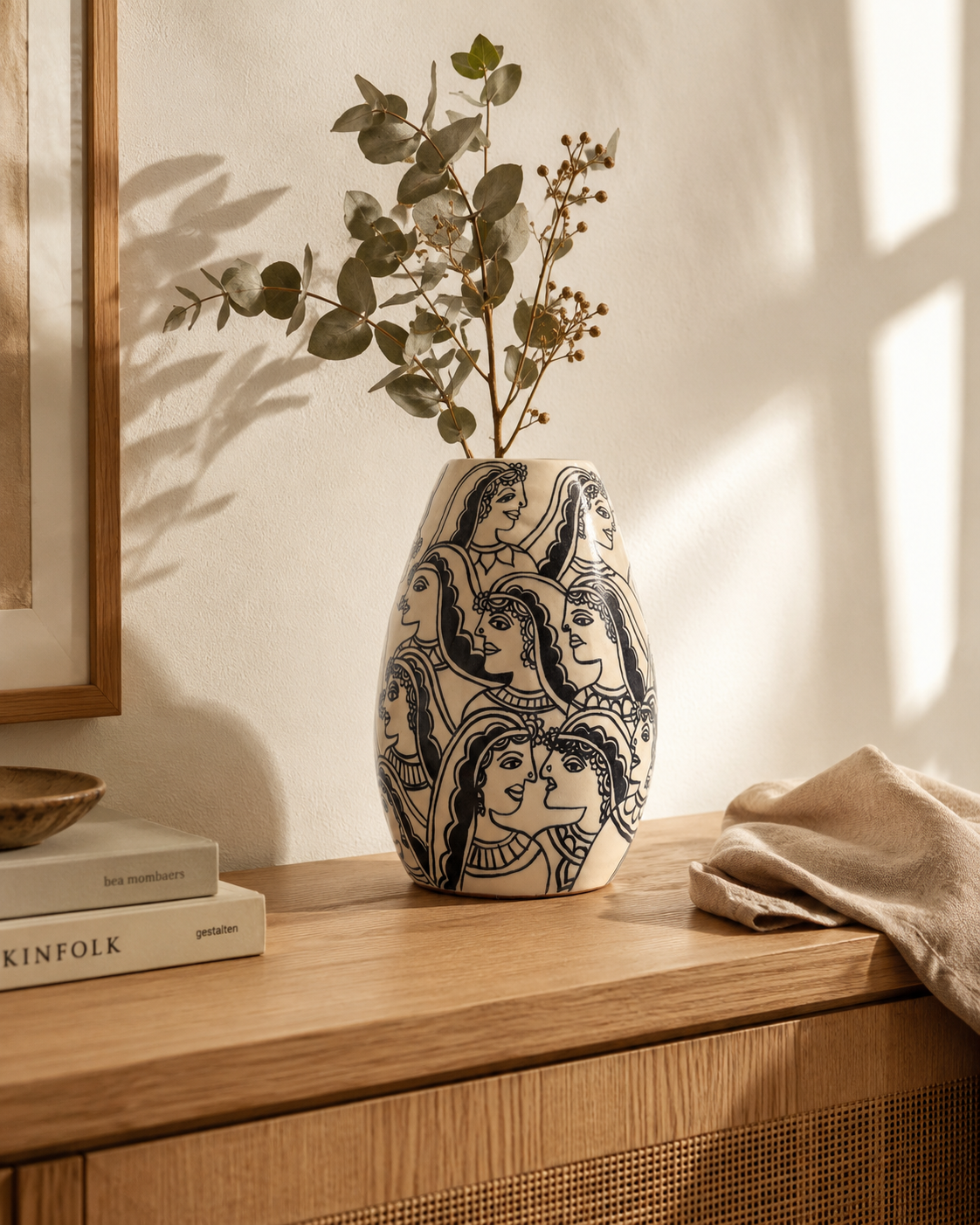 A cream-colored ceramic vase with mithila art black hand-painted faces, filled with eucalyptus branches, styled on a wooden console table in a warm, sunlit room in australia.