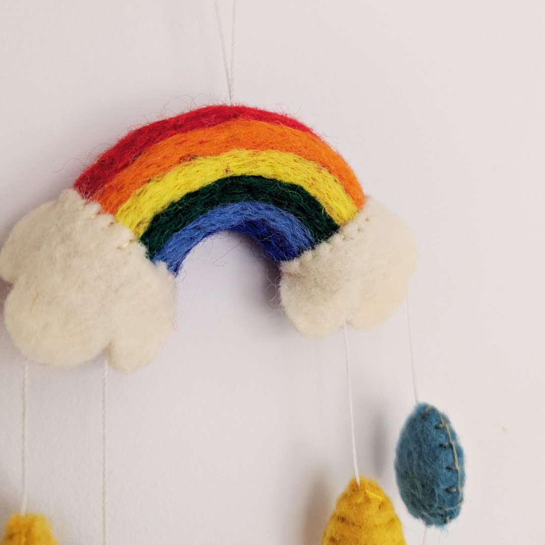 Handmade Felt Rainbow Mobile with Raindrops