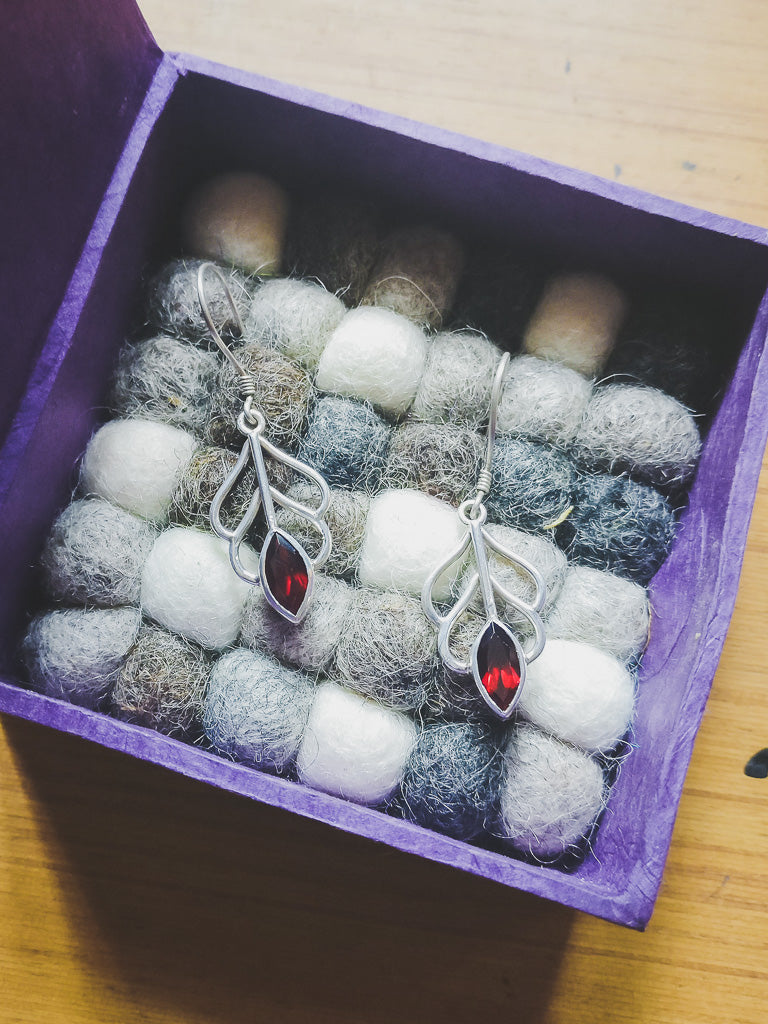 Lata - Delicate Vine with Red Garnet Earrings