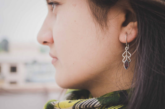 Lata  Red Garnet Sterling Silver Earrings, Handcrafted in Nepal