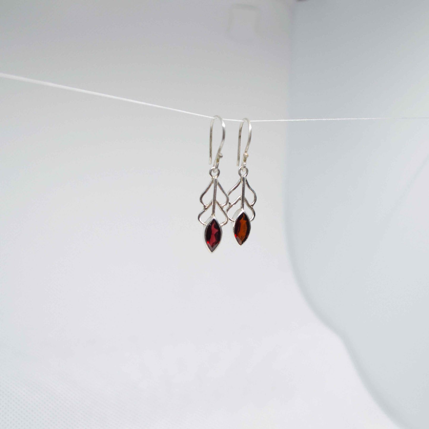 Delicate Vine Red Garnet Silver Earrings