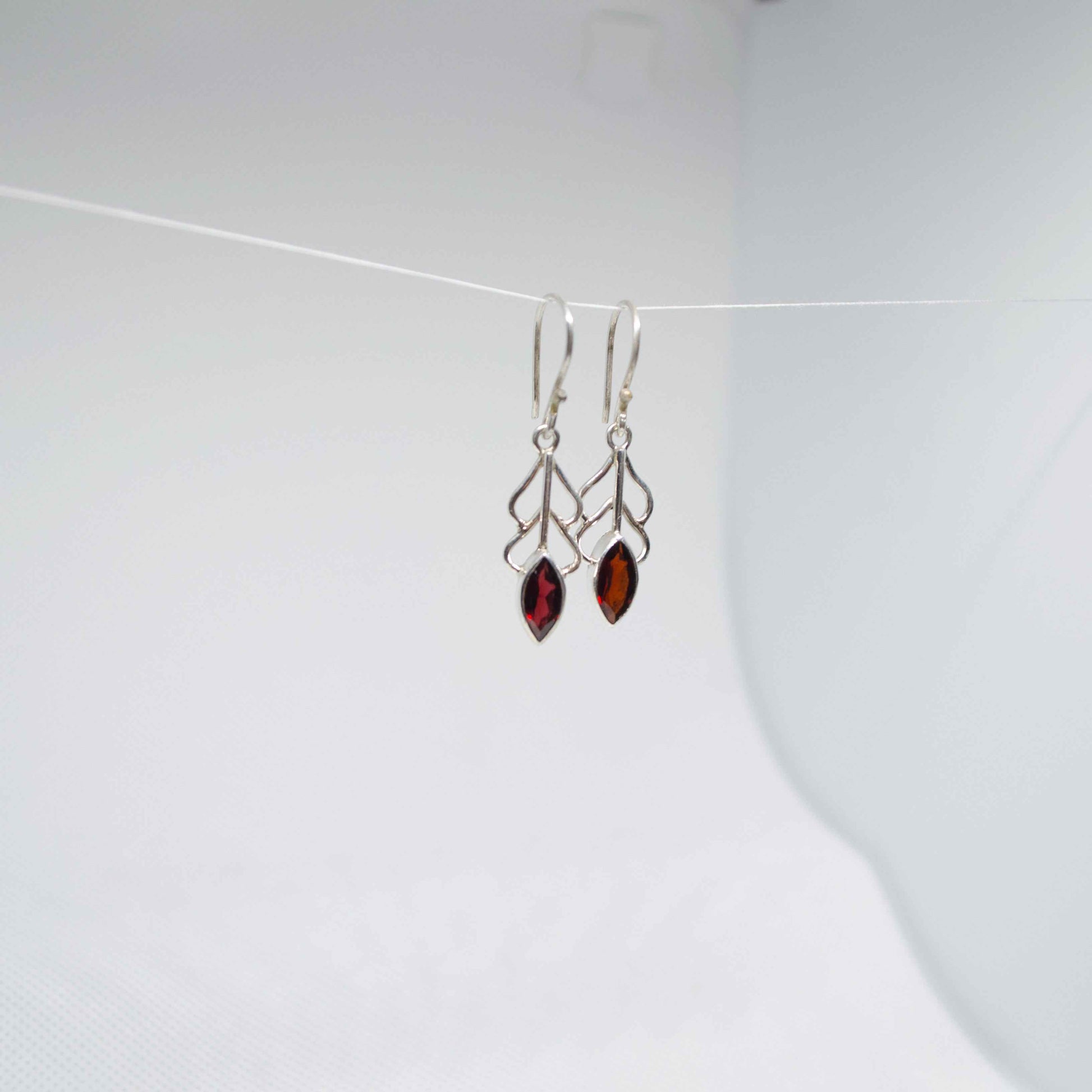 Delicate Vine Red Garnet Silver Earrings